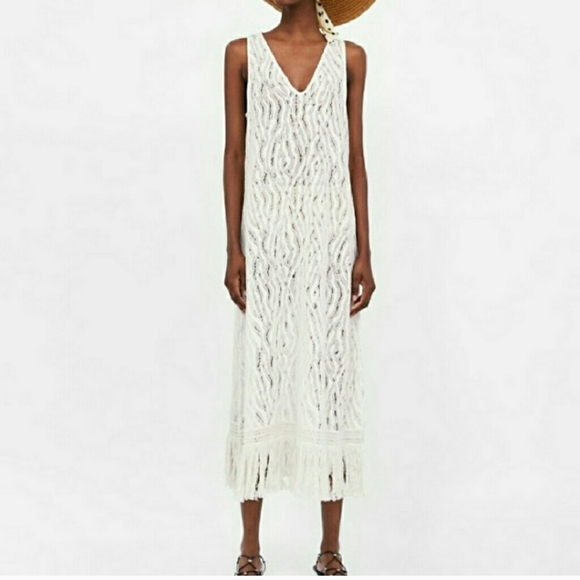 Zara Women's Crochet Knit Beige Cover Up Beach Maxi Dress Sz Small V Neck. - Picture 1 of 9